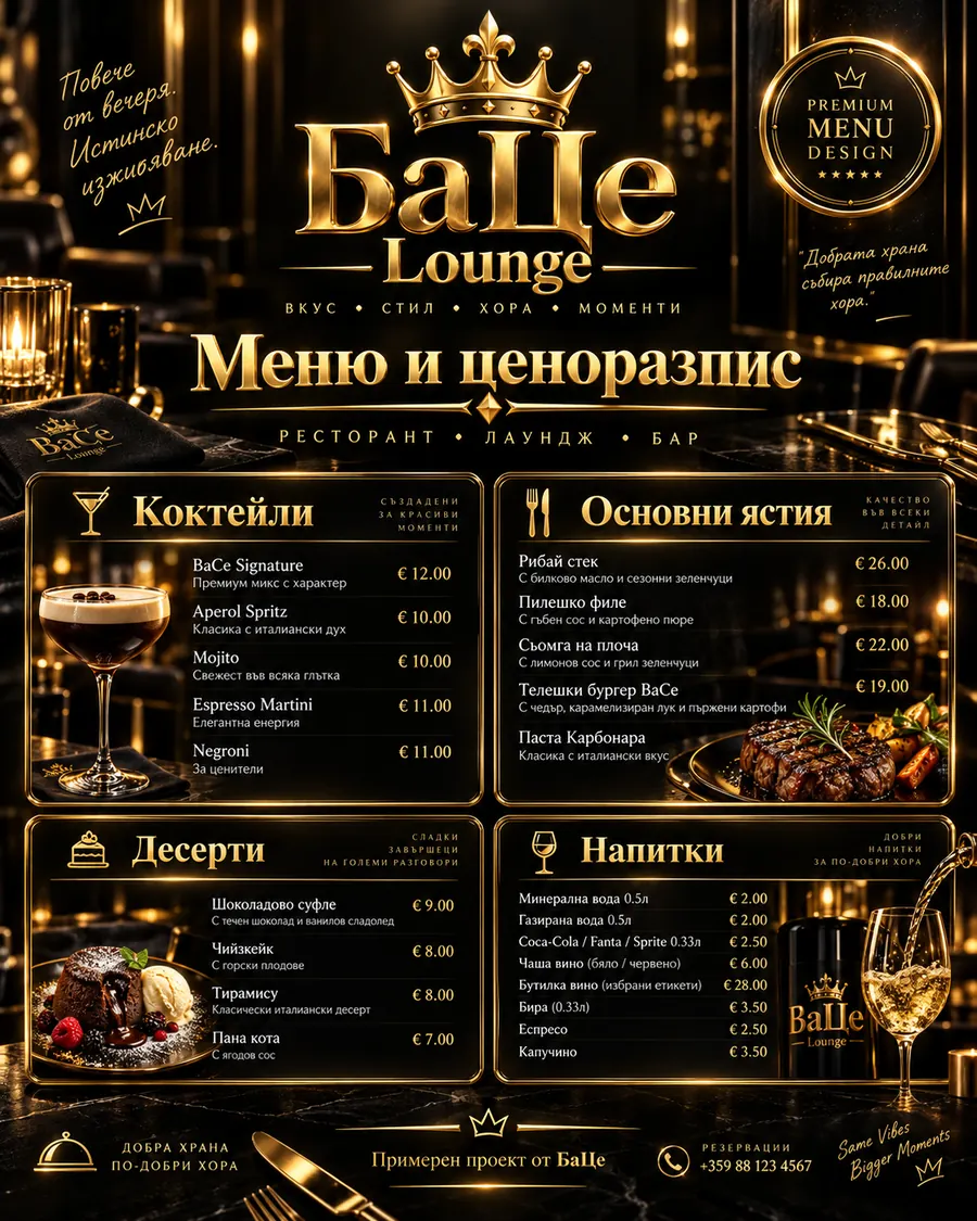 Примерно меню и ценоразпис БаЦе Lounge
